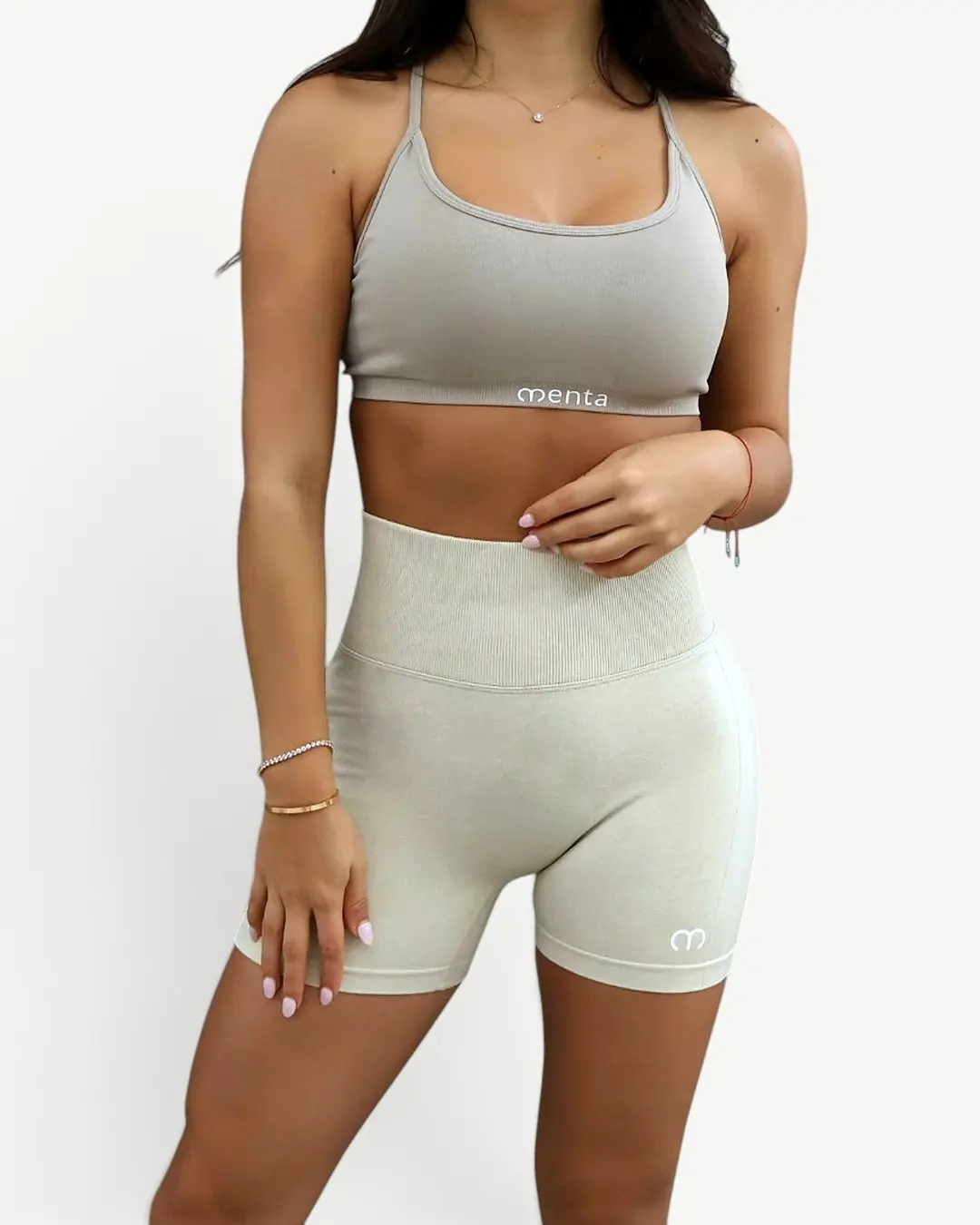 Beige Sports Bra — Phoenix, worn, front view